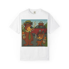 Load image into Gallery viewer, White t-shirt with cartoon bears and a car graphic on a white background
