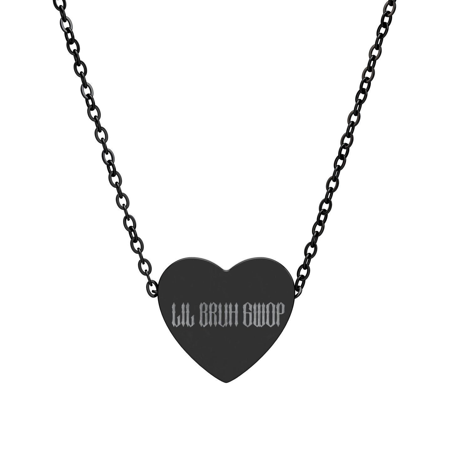 LIL BRUH GWOP HEART NECKLACE (ENGRAVED) - STEEL/BLACK
