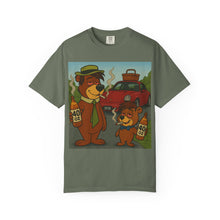 Load image into Gallery viewer, Green t-shirt with cartoon bears holding bottles and a car in the background on a white background
