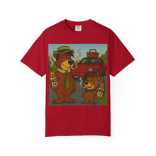 Load image into Gallery viewer, Red t-shirt with cartoon bears and a car graphic on a white background
