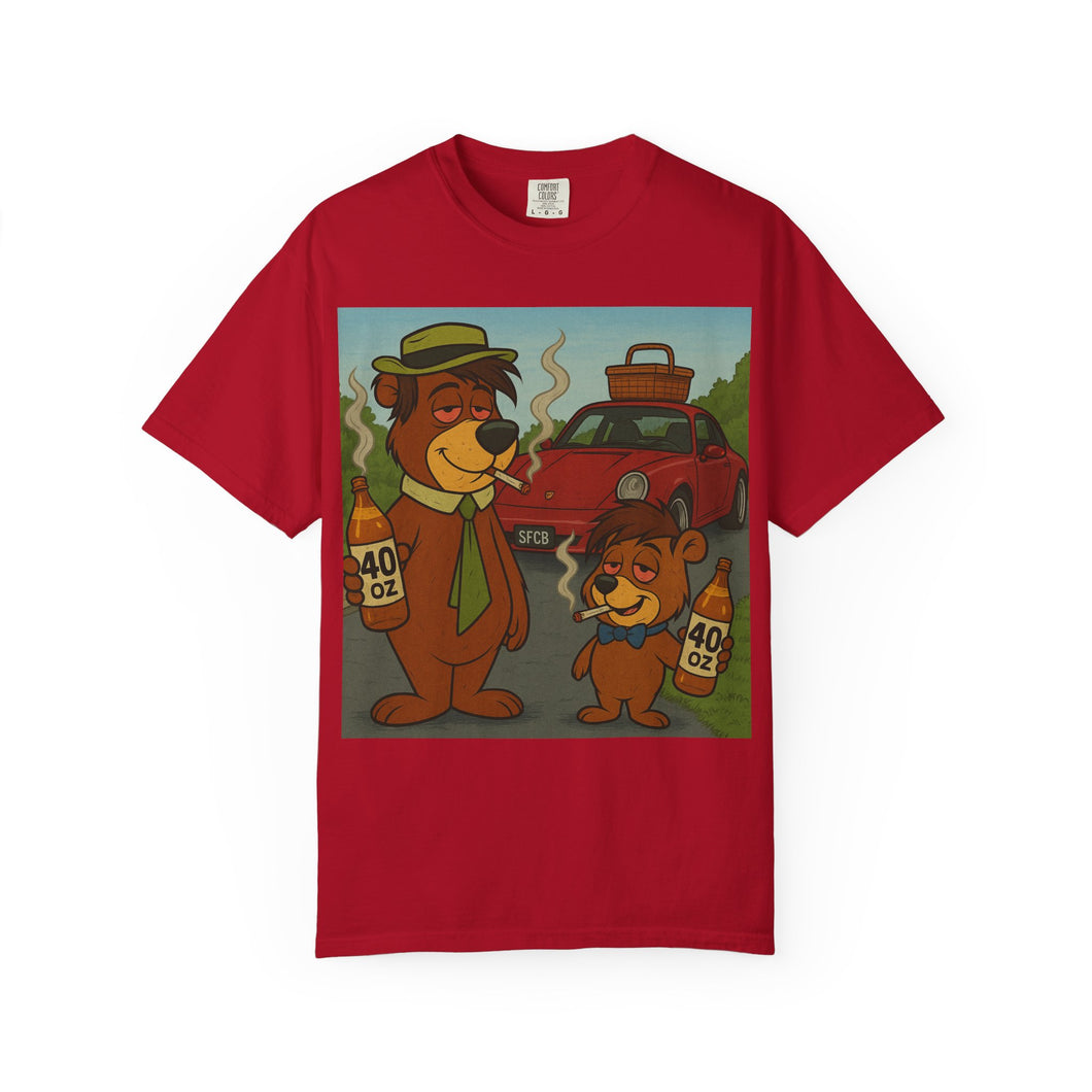 Red t-shirt with cartoon bears and a car graphic on a white background