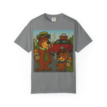 Load image into Gallery viewer, Gray t-shirt with cartoon bears holding bottles and a car in the background on a white background
