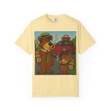 Load image into Gallery viewer, Yellow t-shirt with a graphic of two bears and a car on a white background
