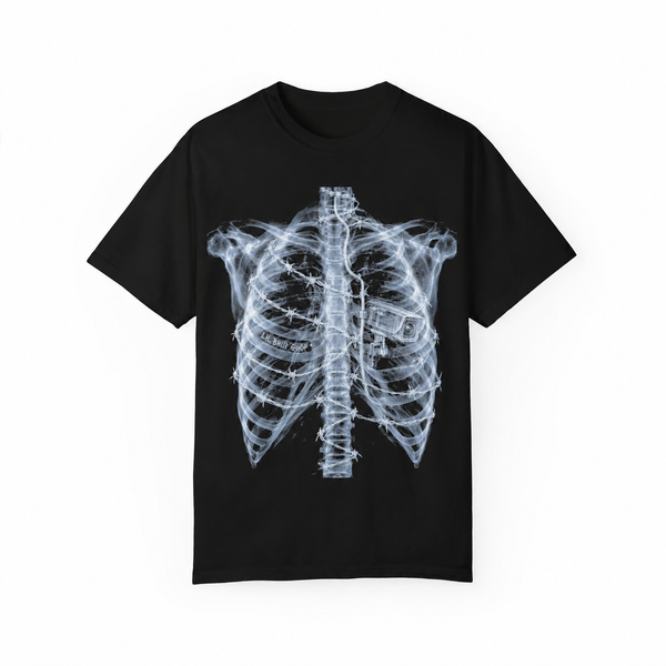 X RAY SKELETON RIB CAGE FLOCK CAMERA BARBED WIRE DEFLOCK TEE